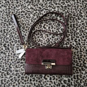 WHBM Burgundy Maroon Leather/Suede Crocodile Convertible Crossbody Clutch Wallet